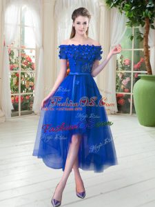 Superior Royal Blue A-line Off The Shoulder Short Sleeves Tulle High Low Lace Up Appliques Prom Party Dress