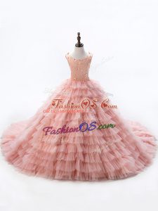 Scoop Sleeveless Kids Formal Wear Court Train Beading and Ruffled Layers Pink