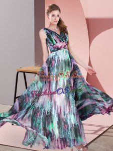 Exceptional Empire Dress for Prom Multi-color V-neck Printed Sleeveless Floor Length Lace Up