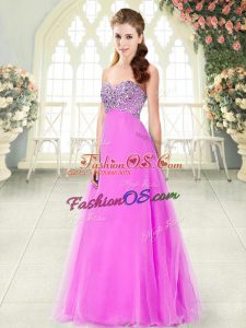 Super Sleeveless Tulle Floor Length Lace Up Dress for Prom in Pink with Beading