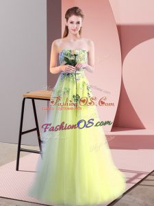 Flirting Sleeveless Floor Length Appliques Lace Up Evening Dress with Yellow Green