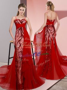 Hot Selling Red Prom Evening Gown Spaghetti Straps Sleeveless Sweep Train Lace Up