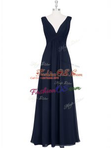Graceful Black Chiffon Backless Prom Gown Sleeveless Floor Length Ruching