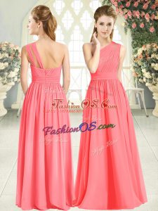 Sleeveless Chiffon Floor Length Zipper Prom Gown in Watermelon Red with Ruching