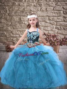 Baby Blue Ball Gowns Tulle Straps Sleeveless Embroidery and Ruffles Floor Length Lace Up Little Girls Pageant Gowns