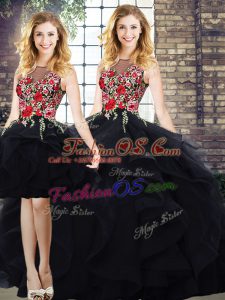 Hot Sale Tulle Bateau Sleeveless Lace Up Beading and Embroidery Sweet 16 Dresses in Black
