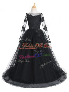Attractive Scoop Long Sleeves Tulle Little Girl Pageant Gowns Lace Brush Train Clasp Handle