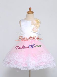 Pink And White Tulle Zipper Flower Girl Dresses for Less Sleeveless Mini Length Lace and Appliques