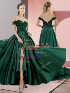 Sumptuous Green A-line Satin Spaghetti Straps Sleeveless Beading Lace Up Prom Gown Sweep Train