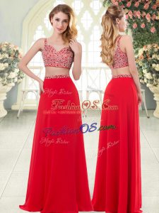 Sexy Floor Length Two Pieces Sleeveless Red Prom Party Dress Zipper