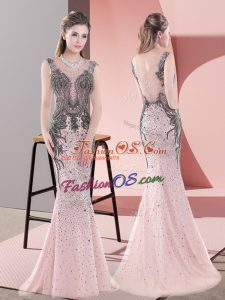 Comfortable Beading and Lace Dress for Prom Pink Side Zipper Sleeveless Sweep Train
