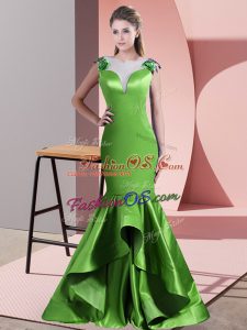Hot Sale Green Scoop Side Zipper Beading and Lace and Appliques Prom Evening Gown Sweep Train Sleeveless