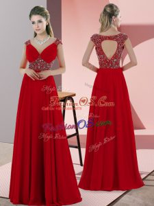 Red Empire Sweetheart Sleeveless Satin Sweep Train Lace Up Beading Prom Dresses