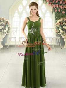Chiffon Spaghetti Straps Sleeveless Lace Up Beading and Ruching Prom Dress in Olive Green