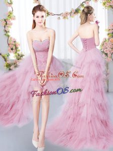 A-line Wedding Guest Dresses Pink Sweetheart Tulle Sleeveless High Low Lace Up