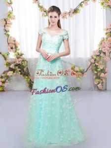 Pretty Floor Length Lace Up Wedding Guest Dresses Apple Green for Prom and Party and Wedding Party with Appliques