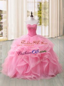 Pink Sweetheart Lace Up Beading and Ruffles 15th Birthday Dress Sweep Train Sleeveless