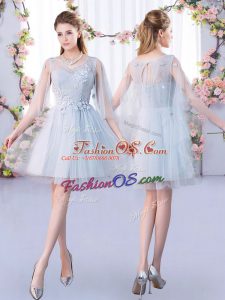 Sophisticated A-line Quinceanera Court Dresses Grey Scoop Tulle 3 4 Length Sleeve Mini Length Lace Up
