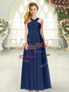 Pretty Navy Blue Empire Chiffon Straps Sleeveless Ruching Floor Length Zipper Prom Evening Gown
