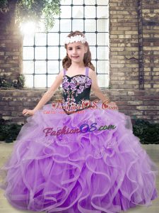 Tulle Straps Sleeveless Lace Up Embroidery and Ruffles Little Girls Pageant Gowns in Lavender