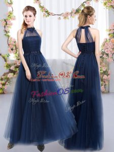 Sumptuous Appliques Bridesmaid Gown Navy Blue Lace Up Sleeveless Floor Length