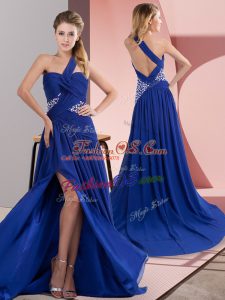 Fitting Royal Blue Column/Sheath Chiffon One Shoulder Sleeveless Beading and Ruching Backless Prom Dresses Sweep Train