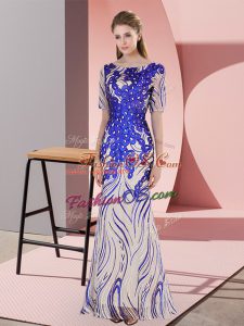 Customized Royal Blue Half Sleeves Zipper Dress for Prom for Prom and Party