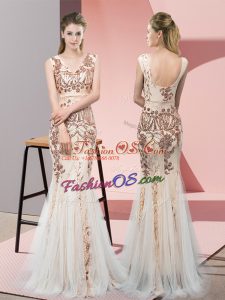 Sleeveless Tulle Floor Length Backless Homecoming Dress in Champagne with Sequins