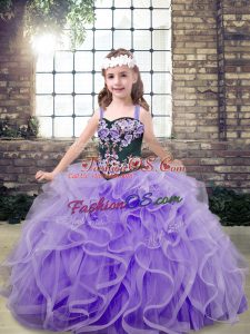 Lavender Straps Lace Up Embroidery and Ruffles Little Girls Pageant Gowns Sleeveless