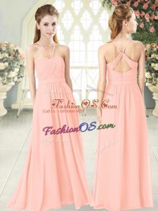 Glamorous Pink Empire Halter Top Sleeveless Chiffon Floor Length Criss Cross Ruching Prom Dress