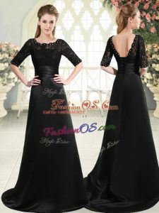 Smart Black Scalloped Neckline Beading and Appliques Prom Evening Gown Half Sleeves Lace Up