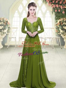 Olive Green Chiffon Backless Sweetheart Long Sleeves Prom Party Dress Sweep Train Beading