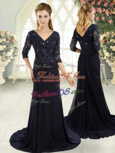 Chiffon V-neck Half Sleeves Sweep Train Zipper Beading and Lace and Appliques Prom Gown in Navy Blue