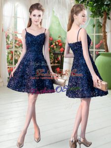 Mini Length Navy Blue Prom Dresses Sleeveless Lace