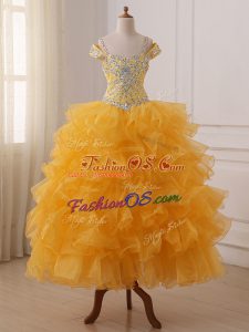 Gold Organza Lace Up Off The Shoulder Sleeveless Floor Length Kids Pageant Dress Beading and Ruffled Layers