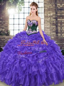 Glamorous Purple Sleeveless Sweep Train Embroidery and Ruffles Sweet 16 Dress