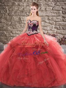 Floor Length Red Sweet 16 Quinceanera Dress Tulle Sleeveless Beading and Embroidery