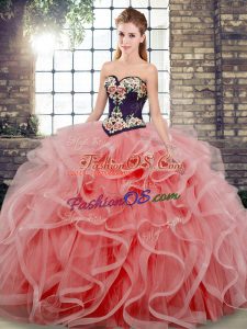 Modest Watermelon Red Tulle Lace Up Sweetheart Sleeveless Quinceanera Gowns Sweep Train Embroidery and Ruffles