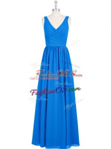 Royal Blue Dress for Prom Prom and Party and Military Ball with Ruching V-neck Sleeveless Zipper