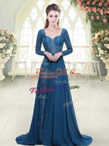 Admirable Blue Long Sleeves Beading and Lace Backless