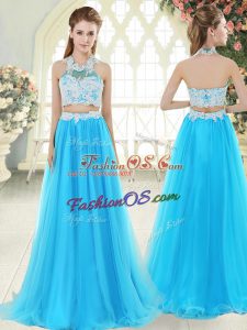 Fine Aqua Blue Sleeveless Floor Length Lace Zipper Homecoming Dress