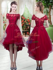 Captivating Appliques Prom Evening Gown Wine Red Lace Up Short Sleeves High Low