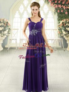 Glamorous Purple Lace Up Spaghetti Straps Beading and Ruching Prom Dress Chiffon Sleeveless