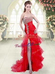Ideal Mermaid Sleeveless Red Prom Party Dress Brush Train Lace Up