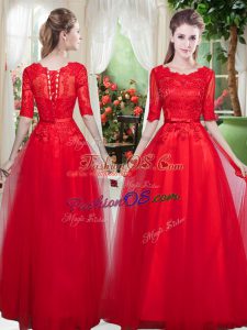 Suitable Scoop Half Sleeves Lace Up Evening Dress Red Tulle