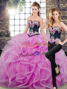 Embroidery and Ruffles Sweet 16 Quinceanera Dress Lilac Lace Up Sleeveless Floor Length Sweep Train