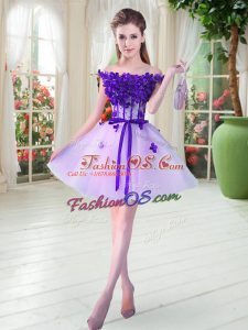 Dramatic Off The Shoulder Sleeveless Prom Dress Mini Length Beading and Appliques Lavender Tulle