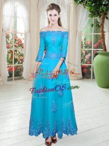 Tulle Off The Shoulder 3 4 Length Sleeve Lace Up Lace Evening Dress in Blue