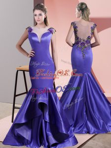 Scoop Sleeveless Satin Evening Dress Beading and Appliques Sweep Train Side Zipper