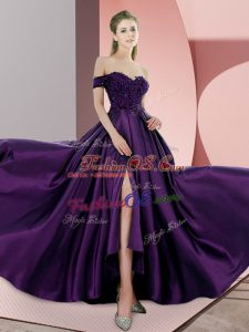 Admirable Purple Prom Party Dress Elastic Woven Satin Sweep Train Sleeveless Beading and Lace